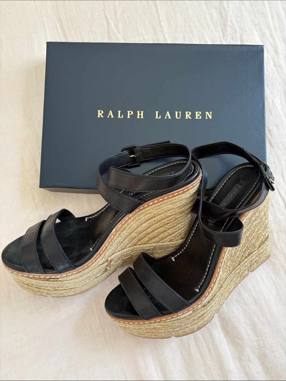 Ralph Lauren Collection Black Leather Espadrille Platform Wedges